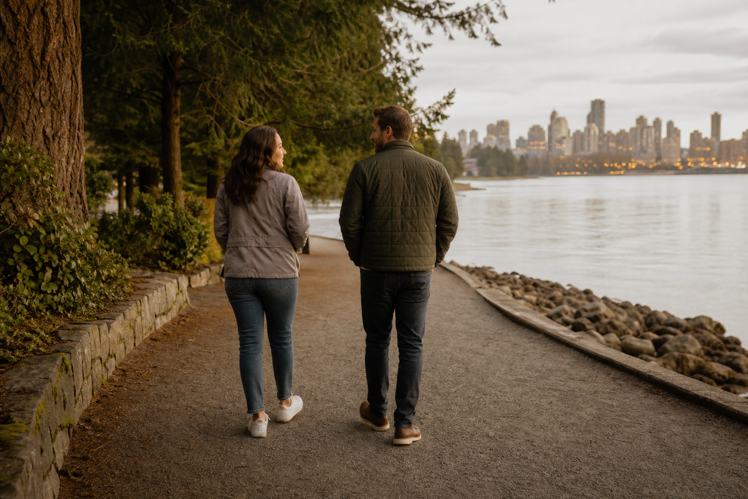 Two people walking and talking outdoors